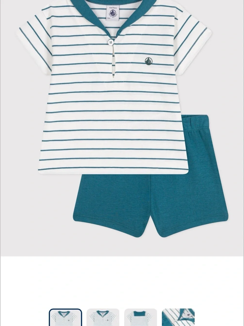 Petit Bateau Toddler Striped Sailor Polo Top with Teal Shorts, Like New!